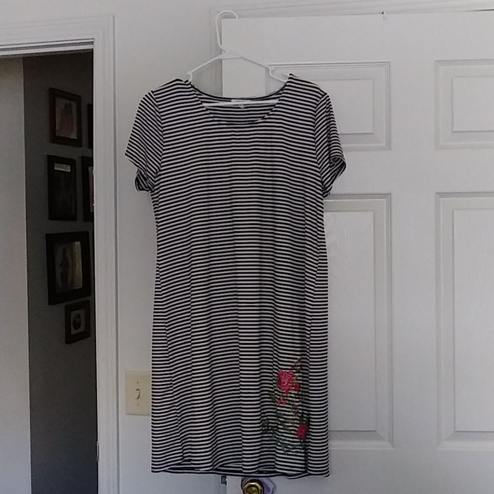 Black and white striped t-shirt dress with flower